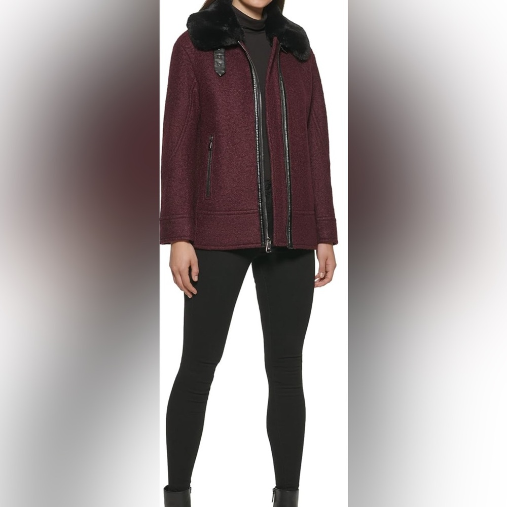 Kenneth Cole Women's Deep Purple Teddy Jacket with Black Faux Fur Collar
